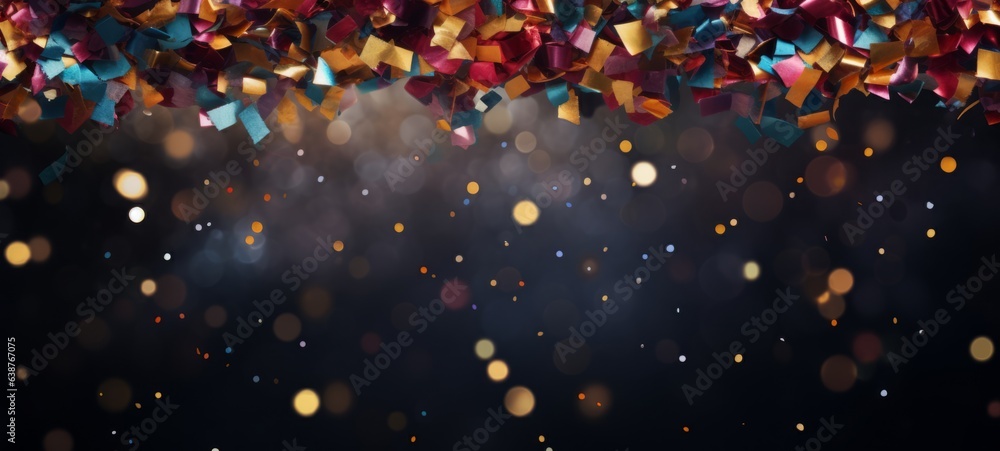 Festive carnival new year's eve celebration party banner texture - Falling colorful multicolored glitter confetti isolated on dark blue background illustration