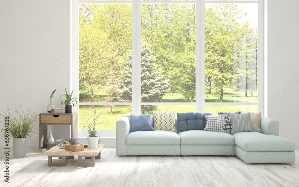 Modern interior concept with sofa and summer landscape in window. 3D illustration Modern interior concept with sofa and summer landscape in window. 3D illustration