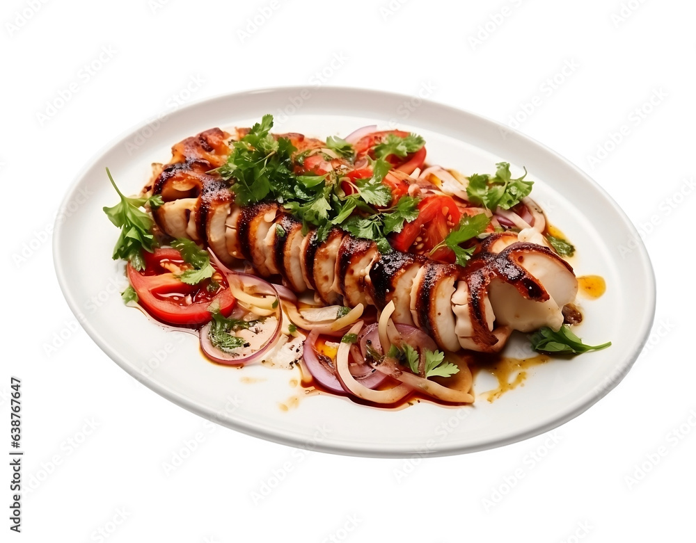 grill squid with  fresh vegetable, asian food. AI Generated