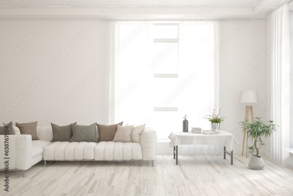 Fototapeta premium White scandinavian interior design with sofa. 3D illustration