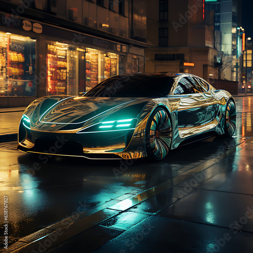 bright hyperrealistic visually stunning photo of a electric car in the streets © Simo