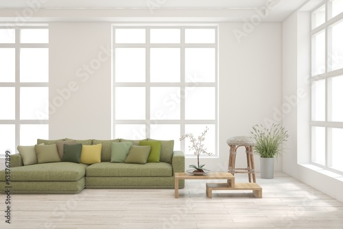 White living room with sofa. Scandinavian interior design. 3D illustration