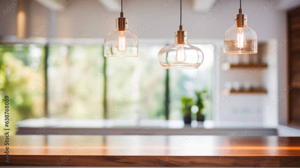 Close up of hanging lights, on top of empty kitchen counter. Close up of hanging lights, on top of empty kitchen counter.