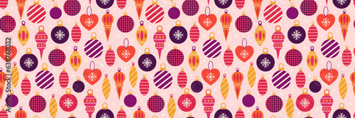 Christmas seamless pattern with Christmas tree toys and snowflakes. Vector festive background