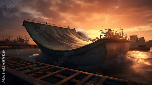 half pipe vert ramp sobre un barco en medio del oceano ,foto tomada a distancia y vemos en el fondo la ciudad de panama en el sunset.