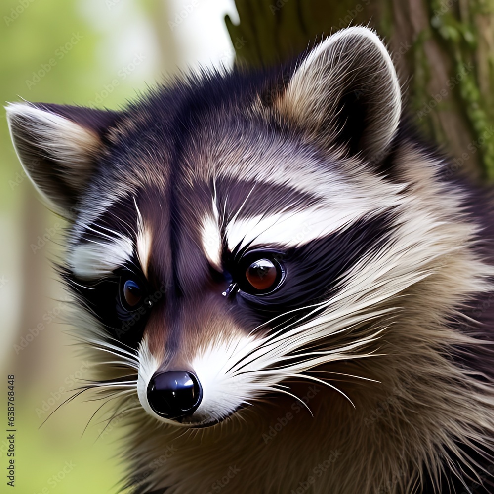 Portray the curious gaze of a raccoon's head as it investigates its surroundings.
Portray the curious gaze of a raccoon's head as it investigates its surroundings.