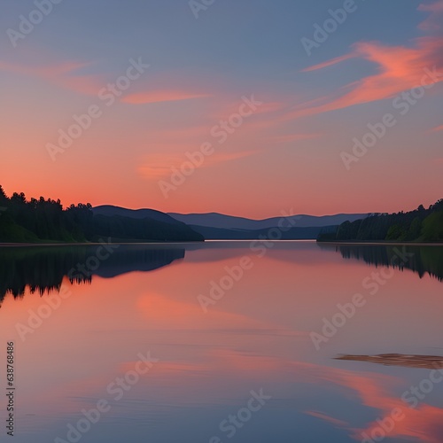 Describe the breathtaking view of a sunset over a tranquil lake. 