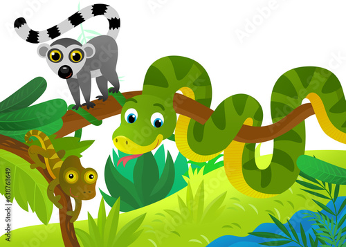 Fototapeta Naklejka Na Ścianę i Meble -  cartoon scene with jungle and animals being together as frame illustration for children