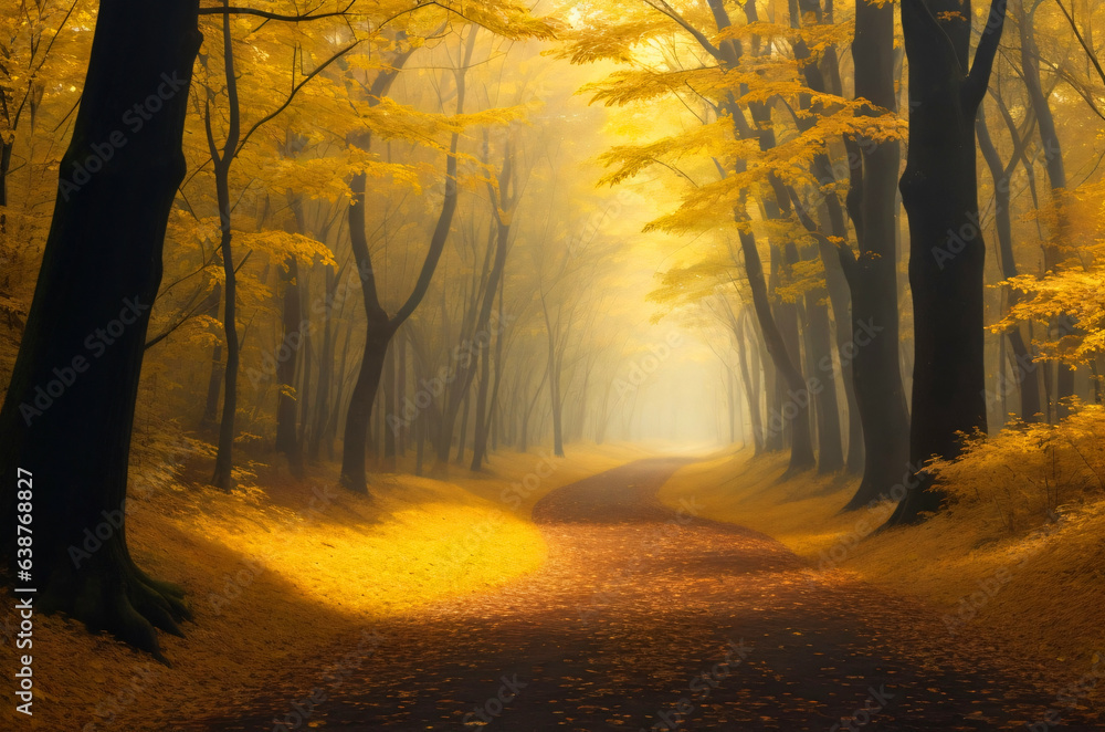 Autumn forest in the morning with yellow leaves