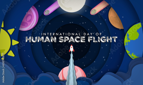 International Day of Human Space Flight Illustration Design. Paper origami style. Rocket flying into outer space with solar system planets, meteors, comets, Earth, sun, moon. Vector Illustration.
