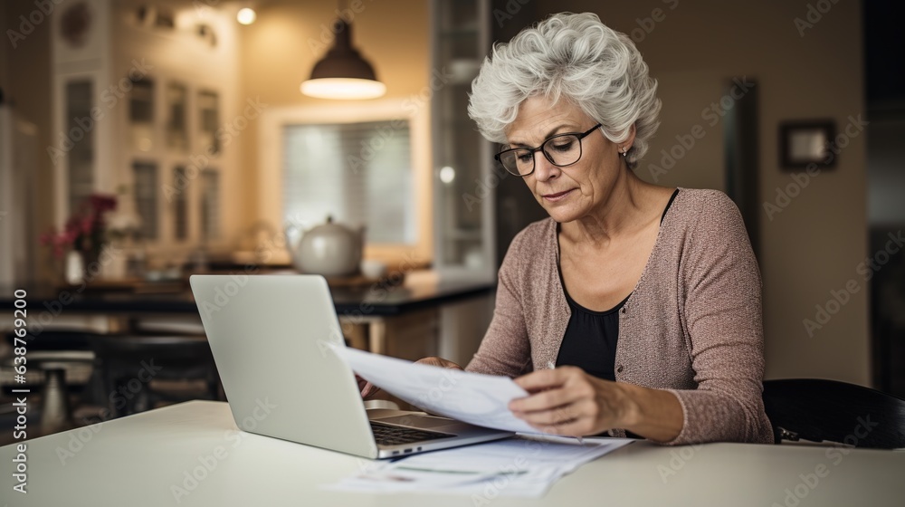 A pensioner managing the finances of an account, calculating a cash budget tax, planning to pay a pension on a bank loan, renting an apartment sits at a table in a home office. Design ai A pensioner managing the finances of an account, calculating a cash budget tax, planning to pay a pension on a bank loan, renting an apartment sits at a table in a home office. Design ai