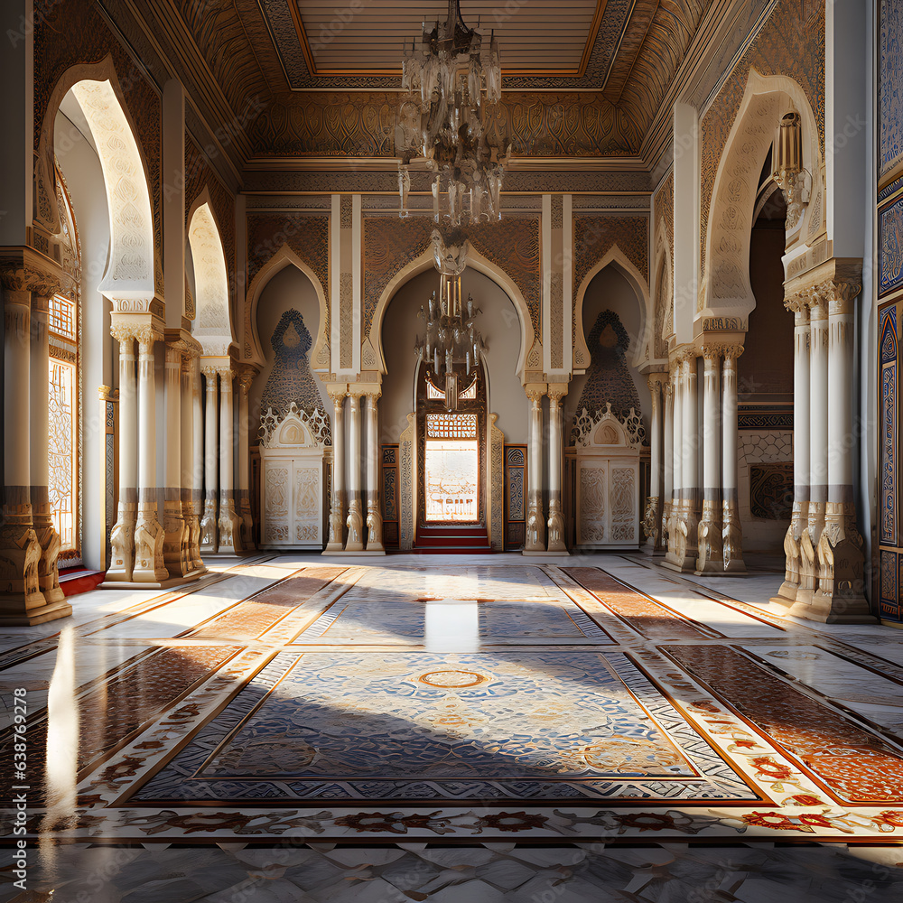 the interior of a mosque with a Moroccan prayer rug, all in the style of the Palace of Versailles. Hyper detailed, hyper realistic