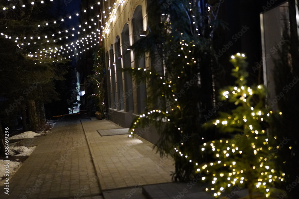city street near the house in the evening with glowing garlands on the trees. The concept of travel and local tourism