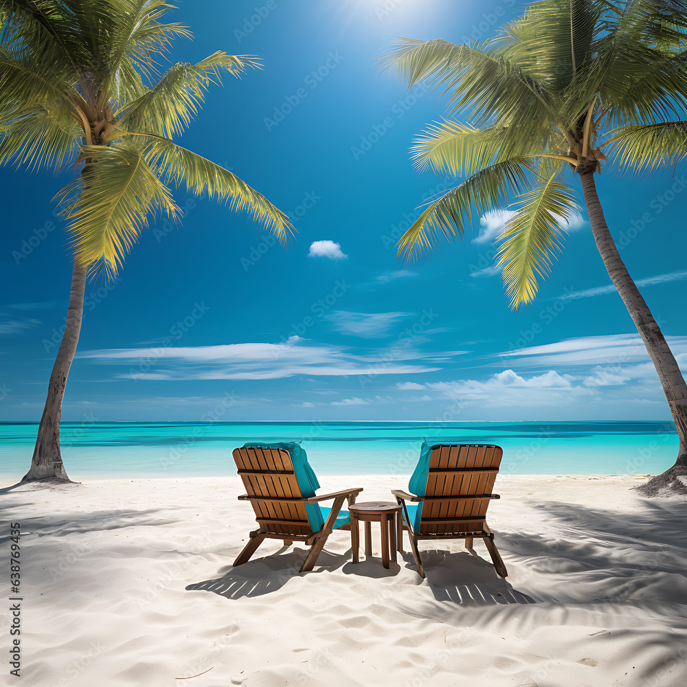 turquoise sea with white sand beach and phoenix palm trees with deckchair and blue sky