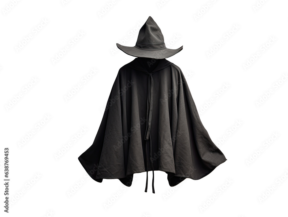 Witch hat and robe costume on white