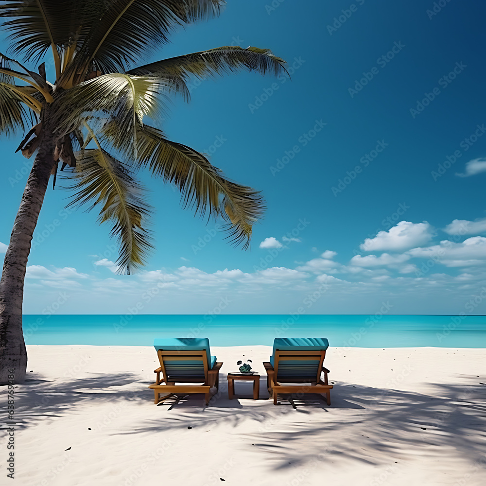 turquoise sea with white sand beach and phoenix palm trees with deckchair and blue sky
