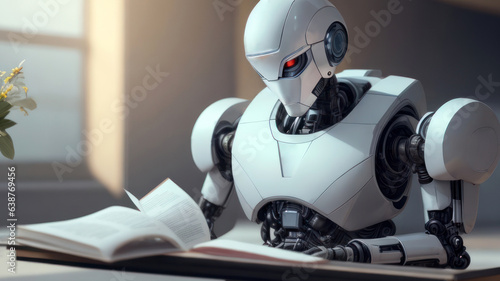 Illustration Robot reading a book, AI concept learns from human media generative AI