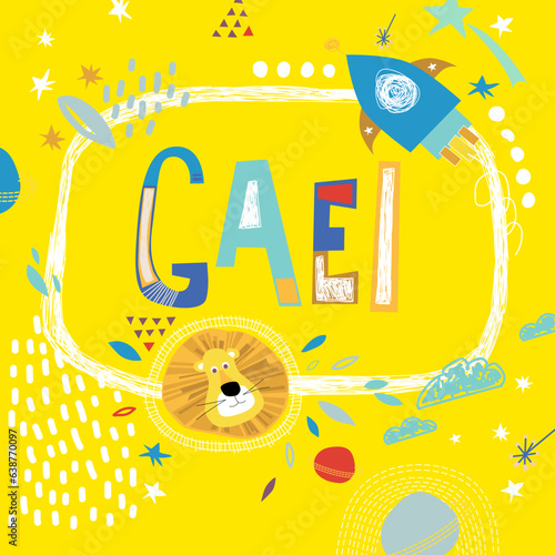 Bright card with beautiful name Gael in planets, lion and simple forms. Awesome male name design in bright colors. Tremendous vector background for fabulous designs