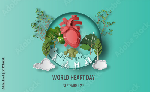 World Heart Day concept, a lot of people at the background involved in activity, paper art and craft style, flat-style vector illustration.