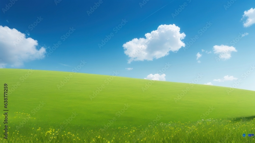 Fototapeta premium Wide green fields with clear skies.generative AI