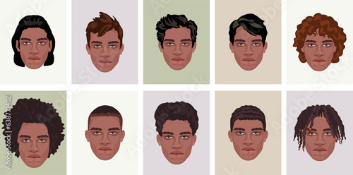 A set of different hairstyles for man. Collection of African male avatars. 
