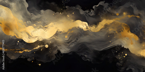 Liquid golden waves coverd in smoke, solid black background, paint vortex of gold, Generative AI