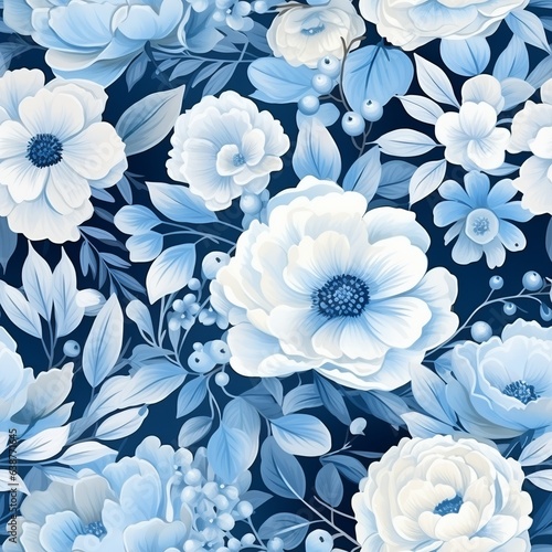 Seamless pattern with flowers and leaves. Generated AI.