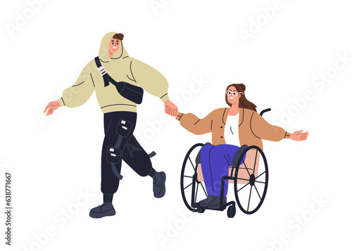 Happy love couple, man and woman in wheelchair. Person with disability in romantic relationships. Young enamored people, girl in wheel chair. Flat vector illustration isolated on white background