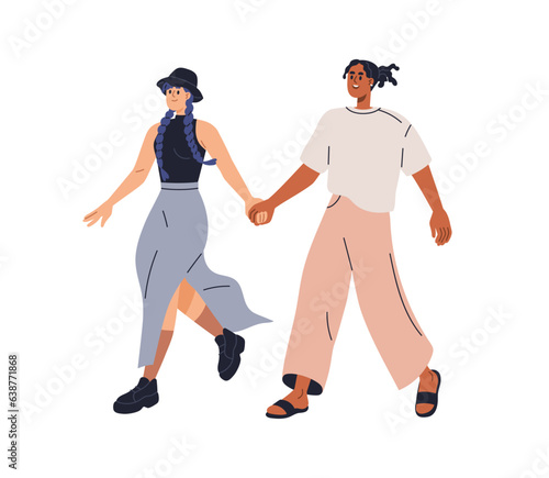 Happy girls, love couple walking, holding hands. Young excited women going together. Biracial female friends strolling. Lesbian partners. Flat graphic vector illustration isolated on white background