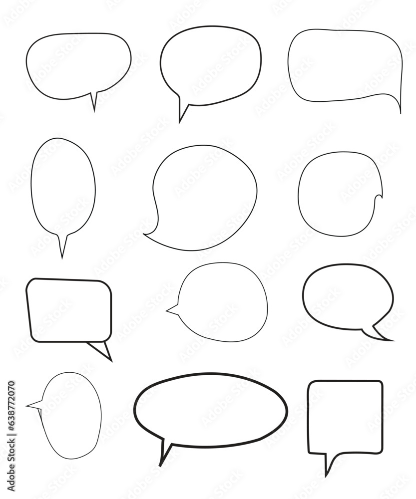 Vector Set of speech bubbles. Dialog box icon, message template. Doodle clouds for text, lettering. Different shape of empty balloons for talk on blue background. Flat vector illustration.
Vector Set of speech bubbles. Dialog box icon, message template. Doodle clouds for text, lettering. Different shape of empty balloons for talk on blue background. Flat vector illustration.