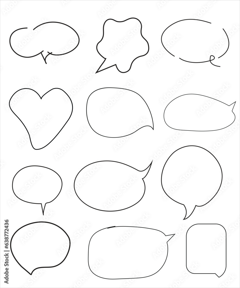 Obraz premium Vector Set of speech bubbles. Dialog box icon, message template. Doodle clouds for text, lettering. Different shape of empty balloons for talk on blue background. Flat vector illustration. 
