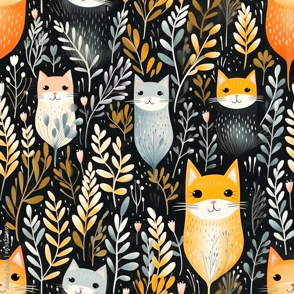 Seamless pattern with cats, flowers and leaves. Generated AI. Seamless pattern with cats, flowers and leaves. Generated AI.