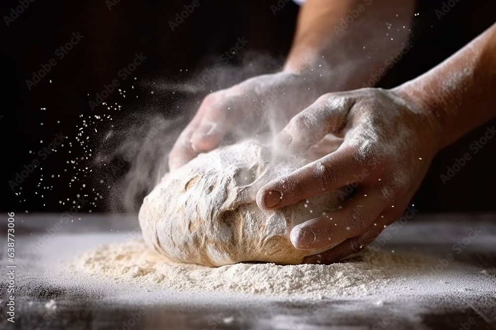 Artful Bread-Making: Kneading Dough Amid Flour Dust Cloud - Conceptual Culinary Craftsmanship Created with generative AI tools Artful Bread-Making: Kneading Dough Amid Flour Dust Cloud - Conceptual Culinary Craftsmanship Created with generative AI tools