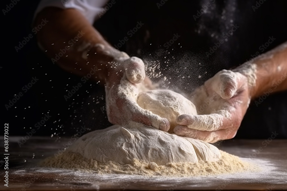 Artful Bread-Making: Kneading Dough Amid Flour Dust Cloud - Conceptual Culinary Craftsmanship Created with generative AI tools Artful Bread-Making: Kneading Dough Amid Flour Dust Cloud - Conceptual Culinary Craftsmanship Created with generative AI tools
