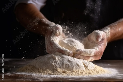 Artful Bread-Making: Kneading Dough Amid Flour Dust Cloud - Conceptual Culinary Craftsmanship Created with generative AI tools