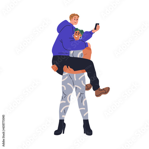 Happy funny love couple. Strong woman holding man in hands, arms. Gill lifting, carrying boyfriend. Unusual romantic relationships. Flat graphic vector illustration isolated on white background