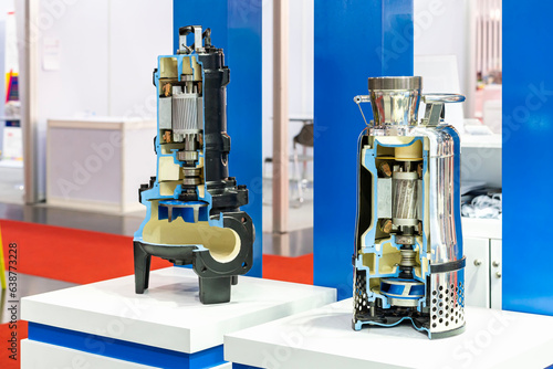 Cross section detail component inside submersible automatic pump or axial flow pump for conveying water or liquid sludge waste water etc. in industrial