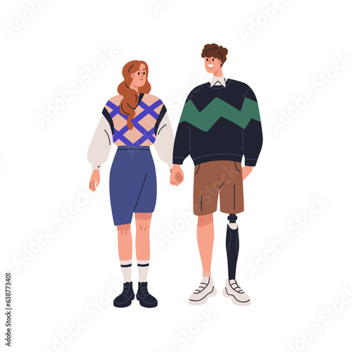 Happy love couple. Man with disability, prosthetic artificial leg, bionic prosthesis and woman. Young enamored romantic people holding hands. Flat vector illustration isolated on white background