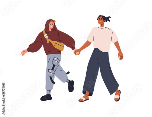 Love couple walking, holding hands. Happy excited man and woman in romantic relationships. Young cheerful people, girlfriend and boyfriend going. Flat vector illustration isolated on white background