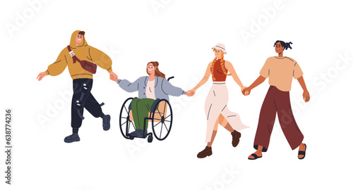 Inclusive friends group. Happy diverse people together, men, woman in wheelchair, person with disability, holding hands, walking, communication. Flat vector illustration isolated on white background
