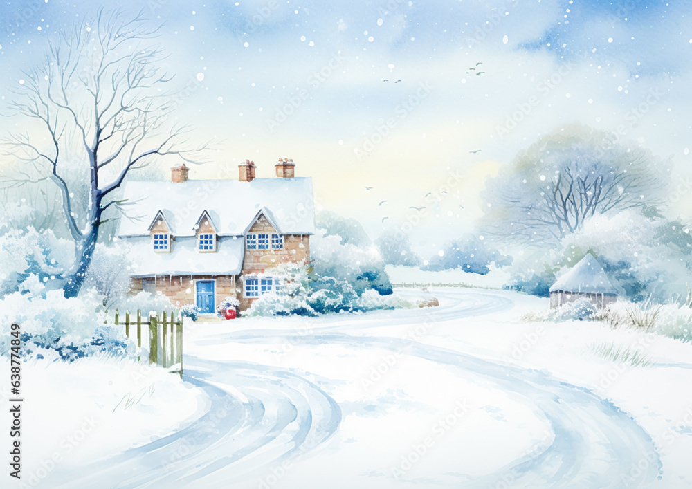 Fototapeta premium Merry Christmas and Happy Holidays, watercolour printable art print, English countryside cottage as snow winter holiday Christmas card, thank you and diy greeting card design, country style