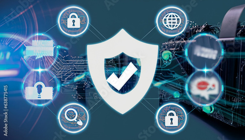 composition integrates recognizable online icons with a shield, underscoring the need for protection and vigilance in the digital realm. AI GENERATE 
