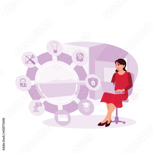 Businesswoman working with a laptop computer. Virtual icon diagram in modern office. Digital marketing concept. Trend Modern vector flat illustration
