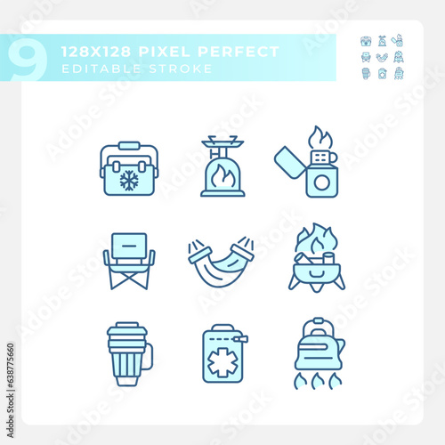 Pixel perfect blue icons representing hiking gear, editable isolated thin linear illustration set.