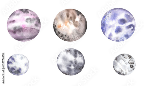 Set of space planets with texture and streaks, colorful abstract geometric circle. Watercolor illustration isolated on transparent background