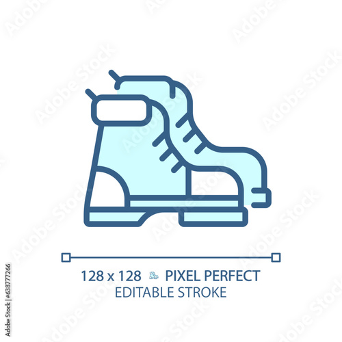 2D pixel perfect blue hiking boot icon, isolated vector, editable hiking gear thin line illustration.