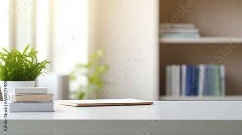Cropped shot of white table with books  stationery and copy space in blurred study room