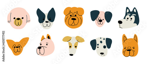 Cute and smile dog heads doodle vector set. Comic happy dog faces character design of husky, bulldog with flat color isolated on white background. Design illustration for sticker, comic, print. 