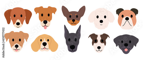 Cute and smile dog heads doodle vector set. Comic happy dog faces character design of bulldog, beagle, poodle with flat color isolated on white background. Design illustration for sticker, comic.