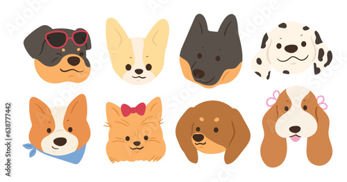 Cute and smile dog heads doodle vector set. Comic happy dog faces character design of chihuahua, corgi with flat color isolated on white background. Design illustration for sticker, comic, print. 